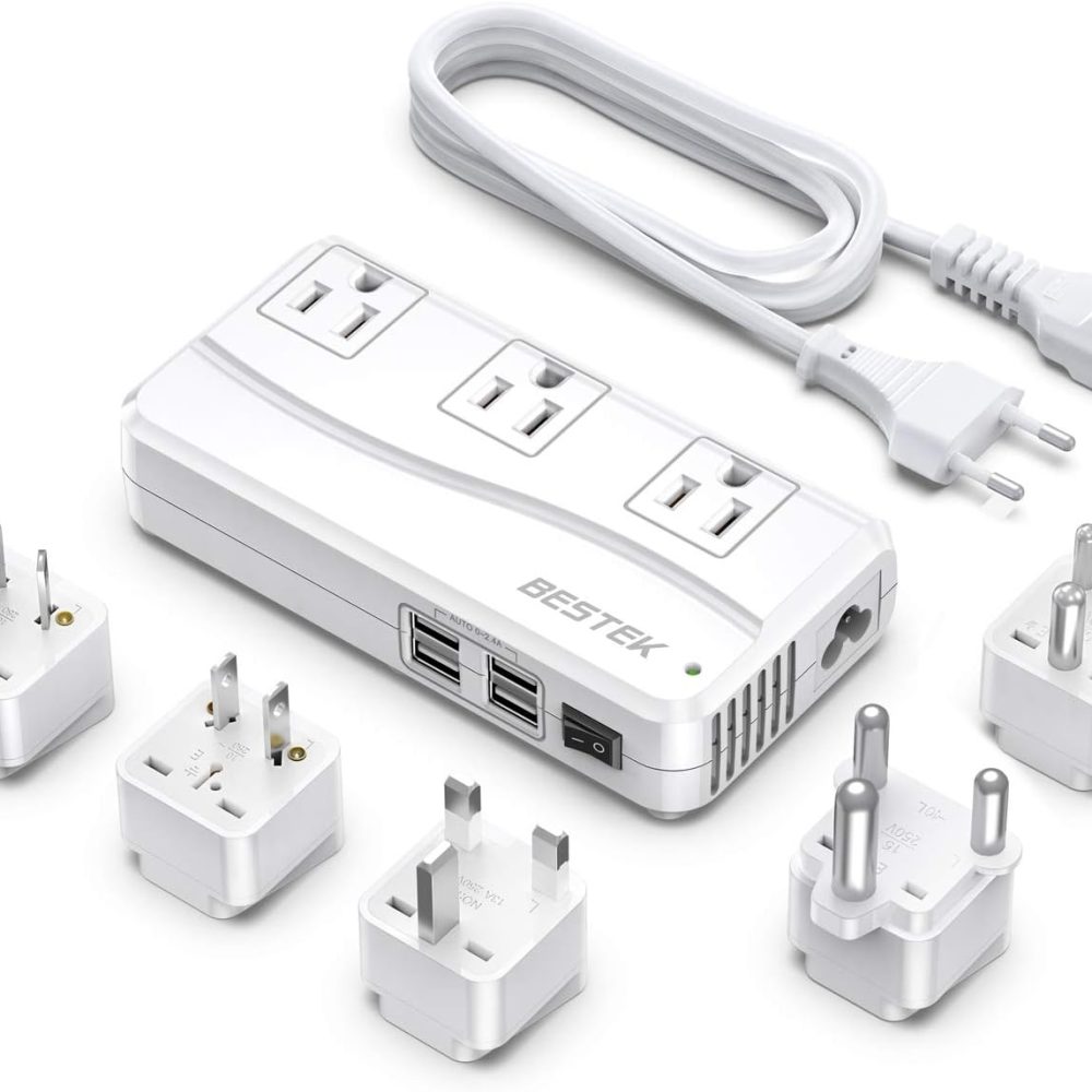 BESTEK International Power Adapter, 220V to 110V Step Down Travel Voltage Converter with 4-Port USB Including US/AU/EU/UK//India/South Africa Plug Adapter (White)