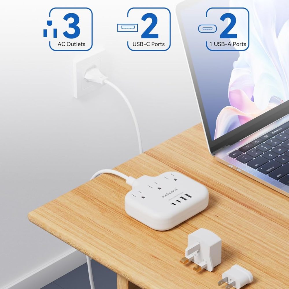 European Travel Plug Adapter, US to European Plug Adapter with 3 American Outlets & 4 USB, 3ft European Power Cord, International Travel Power Strip, Type C for Europe EU Germany France, Travel, White - Image 3