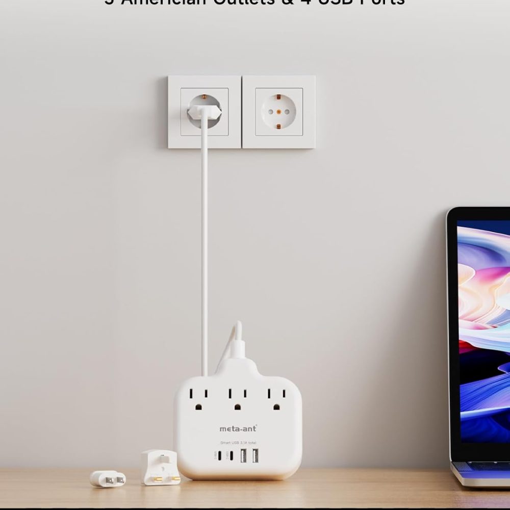 European Travel Plug Adapter, US to European Plug Adapter with 3 American Outlets & 4 USB, 3ft European Power Cord, International Travel Power Strip, Type C for Europe EU Germany France, Travel, White - Image 4