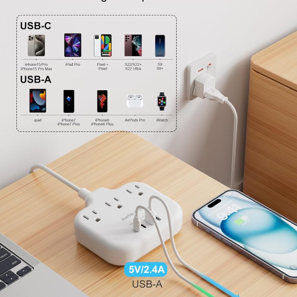 European Travel Plug Adapter, US to European Plug Adapter with 3 American Outlets & 4 USB, 3ft European Power Cord, International Travel Power Strip, Type C for Europe EU Germany France, Travel, White - Image 5