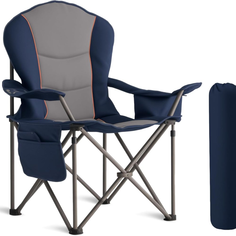 Oversized Camping Chair Heavy Duty 500LB - Portable Folding Chair with Cooler Bag, Cup Holder & Waterproof Phone Case for Adults, Beach, Hiking, Backyard (Blue & Gray)