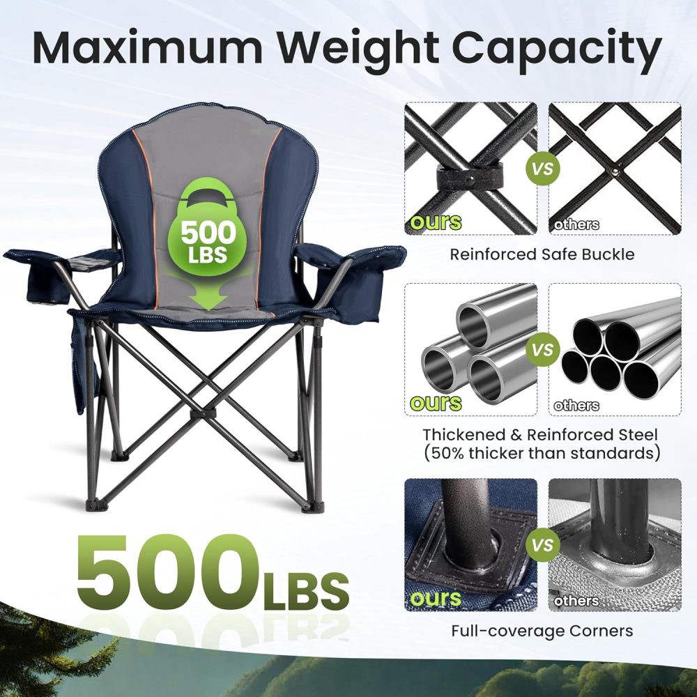 Oversized Camping Chair Heavy Duty 500LB - Portable Folding Chair with Cooler Bag, Cup Holder & Waterproof Phone Case for Adults, Beach, Hiking, Backyard (Blue & Gray) - Image 4