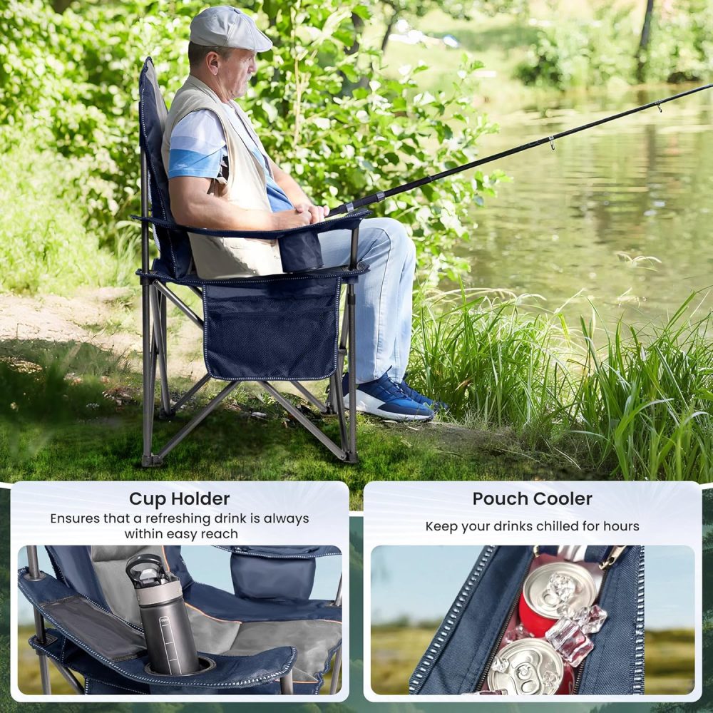 Oversized Camping Chair Heavy Duty 500LB - Portable Folding Chair with Cooler Bag, Cup Holder & Waterproof Phone Case for Adults, Beach, Hiking, Backyard (Blue & Gray) - Image 5