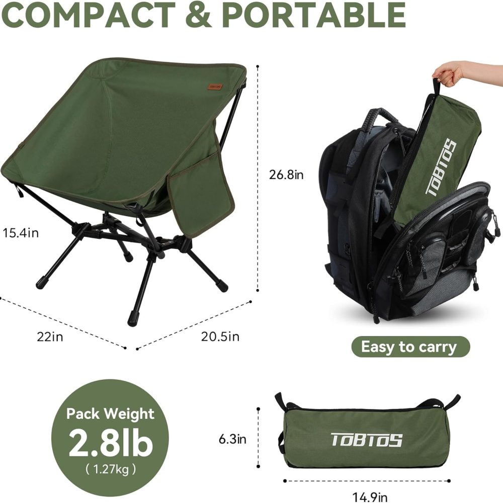 TOBTOS Ultralight Camping Chair, Portable Folding Backpacking Chair, Compact Camping Chair with Carry Bag for Outdoor Camp Hiking Backpack Beach Travel (Green) - Image 3